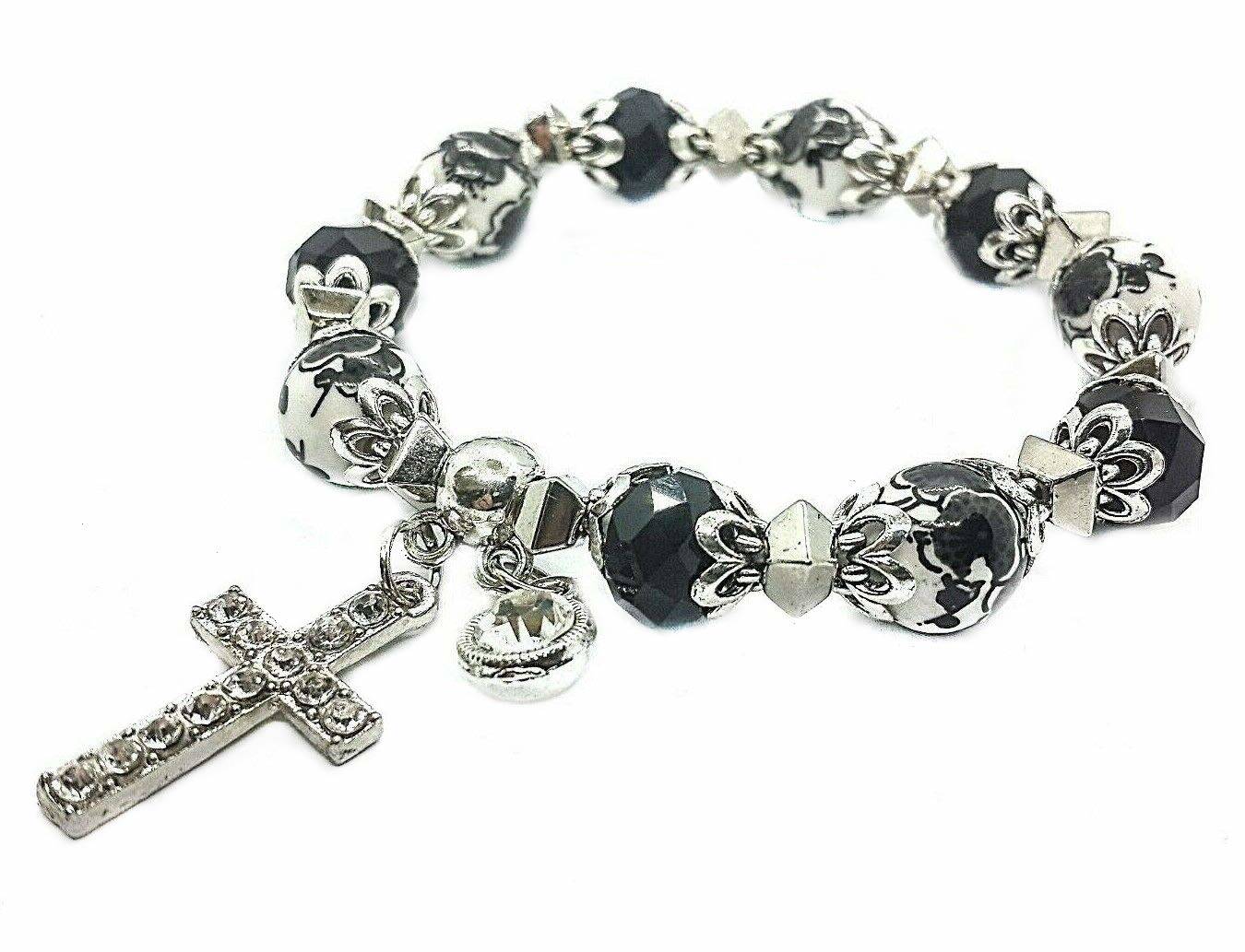 Cross Bracelet Christian Classic Beaded Bangle With Black Crystal Beads