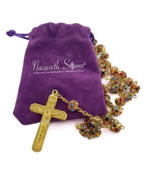 Handmade Catholic Colorful Zircon Crystals Golden Beads Rosary With 2" Metal Jesus Crucifix