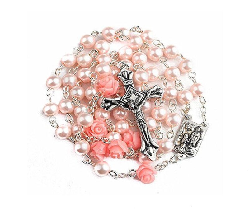 Pink pearl rosary laurdes medal