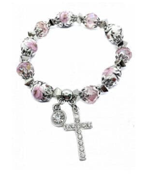 Cross Bracelet Christian Classic beaded Bangle with Pink Crystal Beads