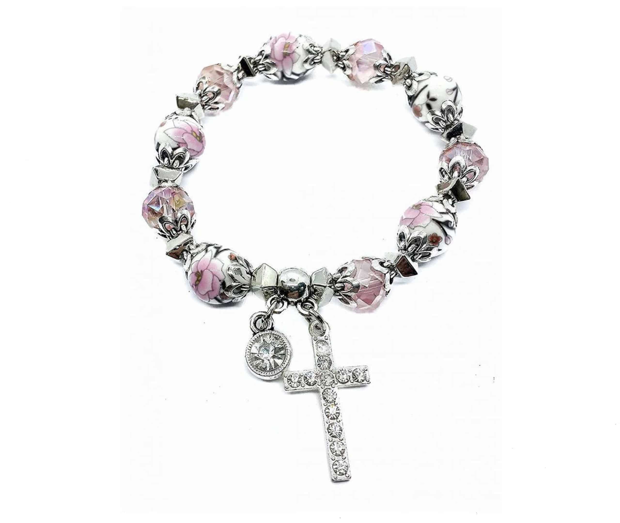 Cross Bracelet Christian Classic Beaded Bangle With Pink Crystal Beads