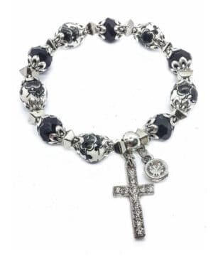 Cross Bracelet Christian Classic Beaded Bangle with Black Crystal Beads