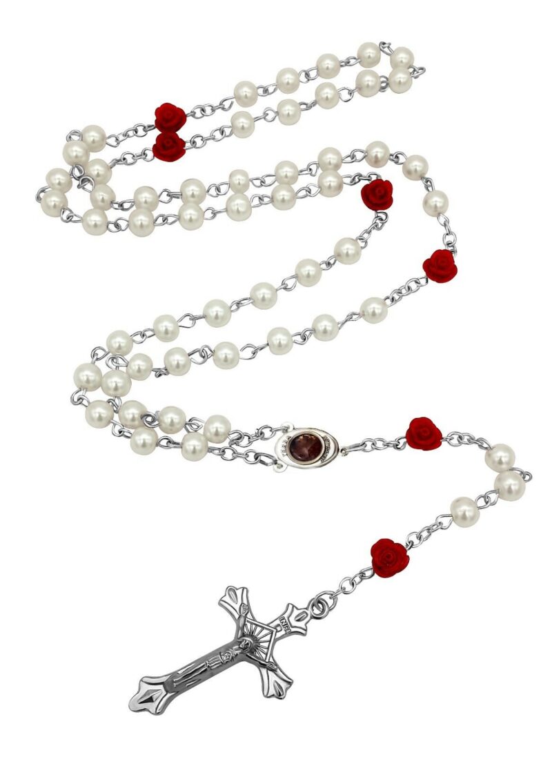 Catholic White Pearl Beads Our Rose Red Flowers Rosary Necklace