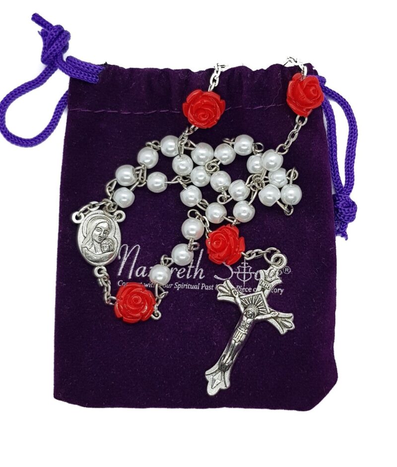 Catholic White Pearl Beads Our Rose Red Flowers Rosary Necklace