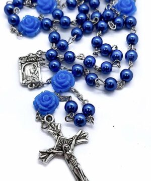 Catholic Blue Pearl Beads Our Rose Flowers Rosary Necklace