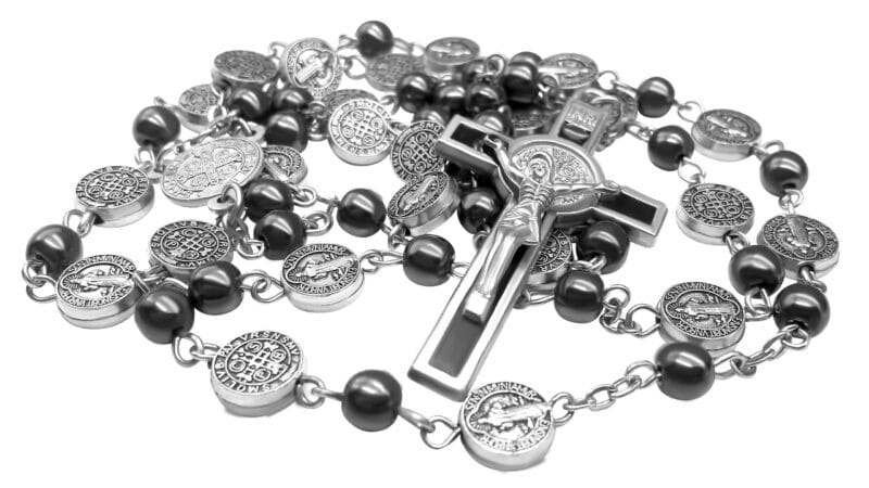Black Rosary Hematite Beads Catholic Necklace St Benedict Chaplet Patron Medal