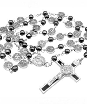 Black Rosary Hematite Beads Catholic Necklace St Benedict Chaplet Patron Medal