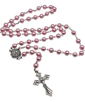 Catholic Rosary Necklace Pink Pearl