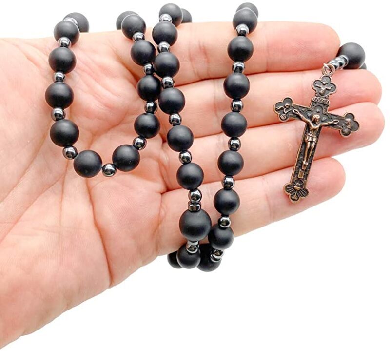 Black Agate Matte Beads Hematite Rosary