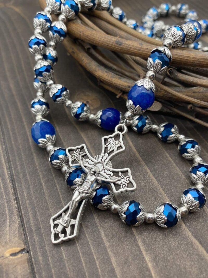 Blue crystallized glass beads long beaded catholic necklace classic communion rosary with 10.00mm Glory agate beads.
