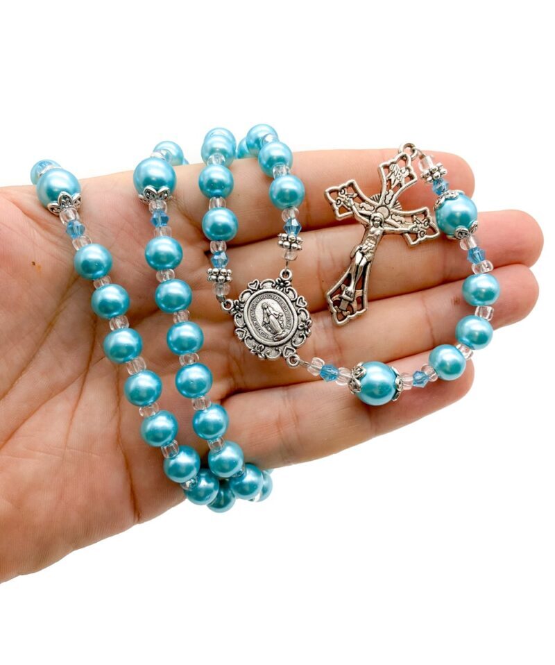 Turquoise pearl imitation glass beads long beaded Catholic necklace classic communion rosary.