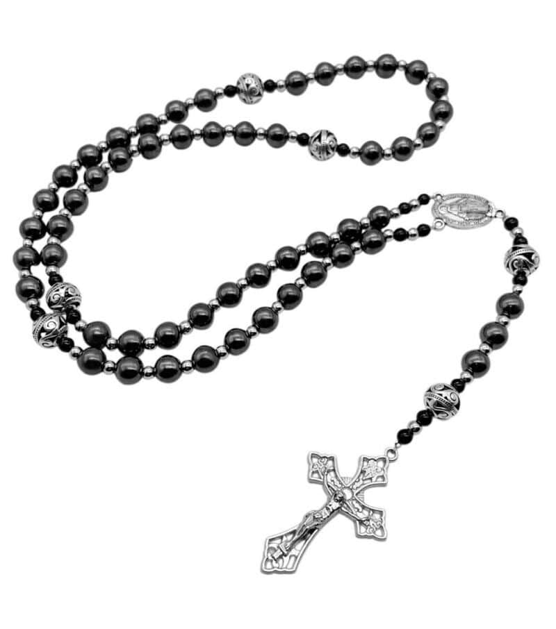 Black Hematite Rosary Beads Necklace Metal Cross 1.6