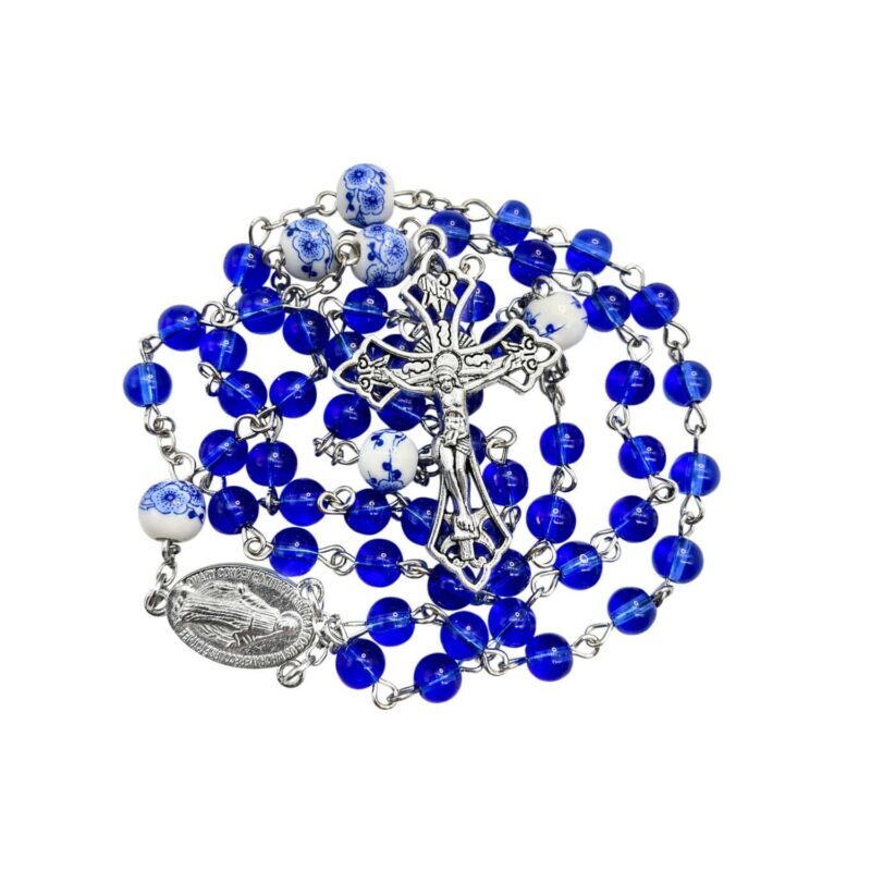 Blue Glass Beads Rosary White Flowers