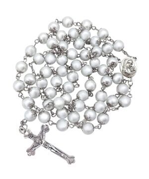 Catholic Rosary Necklace White Pearl Beads