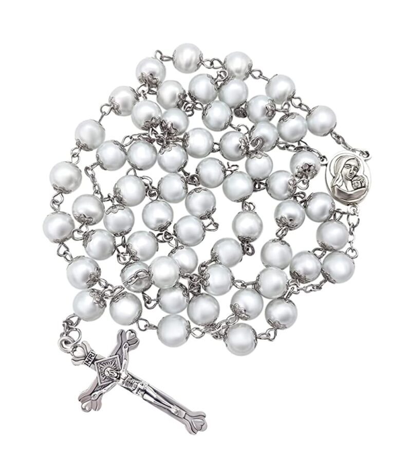 Catholic Rosary Necklace White Pearl Beads