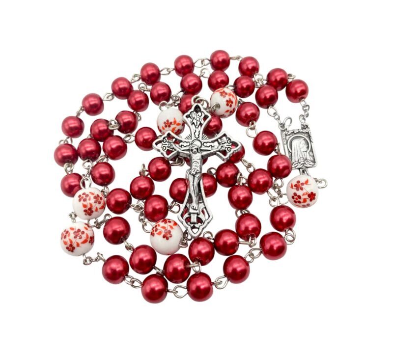 Red Pearl Beads Rosary White Flowers
