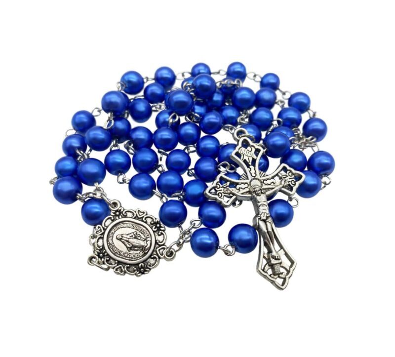 Blue Pearl Beads Rosary Necklace Catholic Miraculous Medal