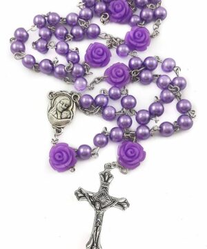 Catholic Purple Pearl Beads Rosary Necklace Our Rose Holy Soil Medal