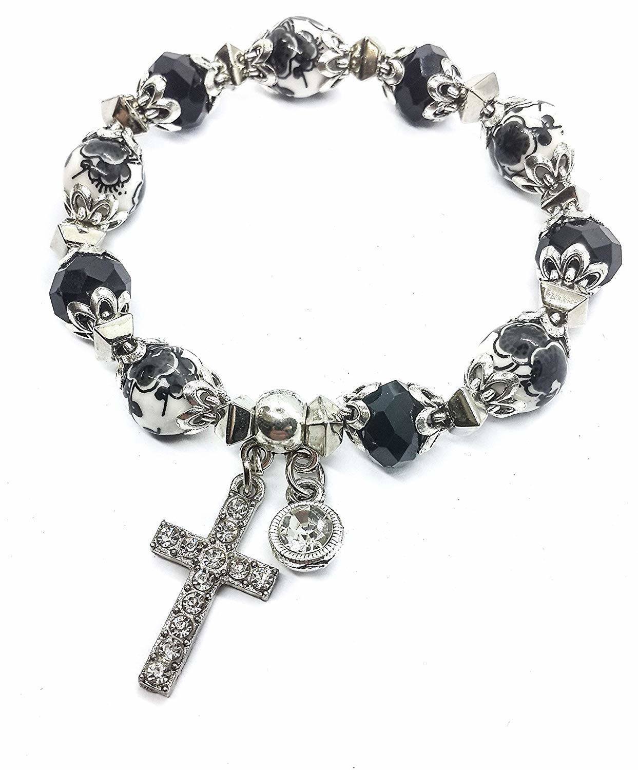 Cross Bracelet Christian Classic Beaded Bangle with Black Crystal Beads Nazareth Store Unite