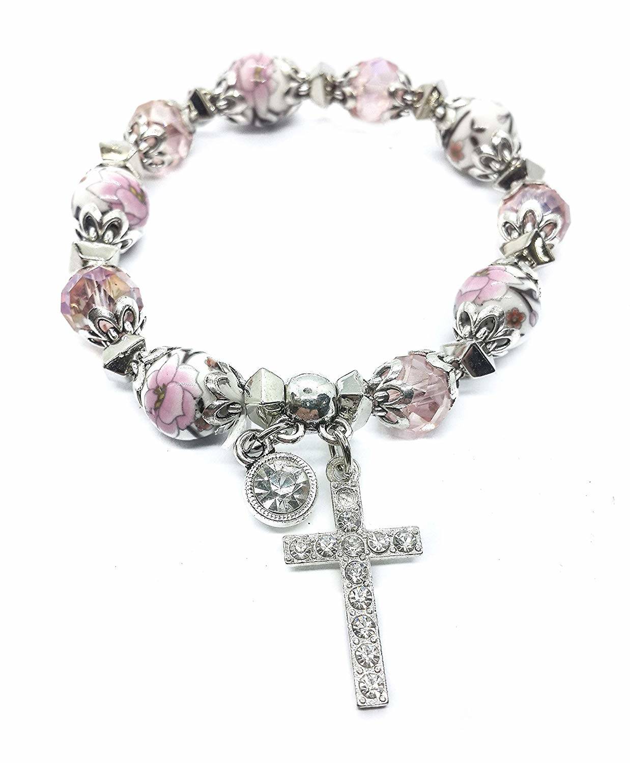 Cross Bracelet Christian Classic beaded Bangle with Pink Crystal Beads Nazareth Market Store