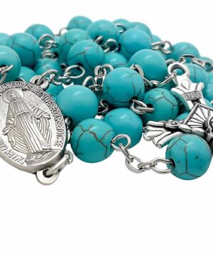 Turquoise Marble Beads Rosary Catholic Necklace Miraculous Medal