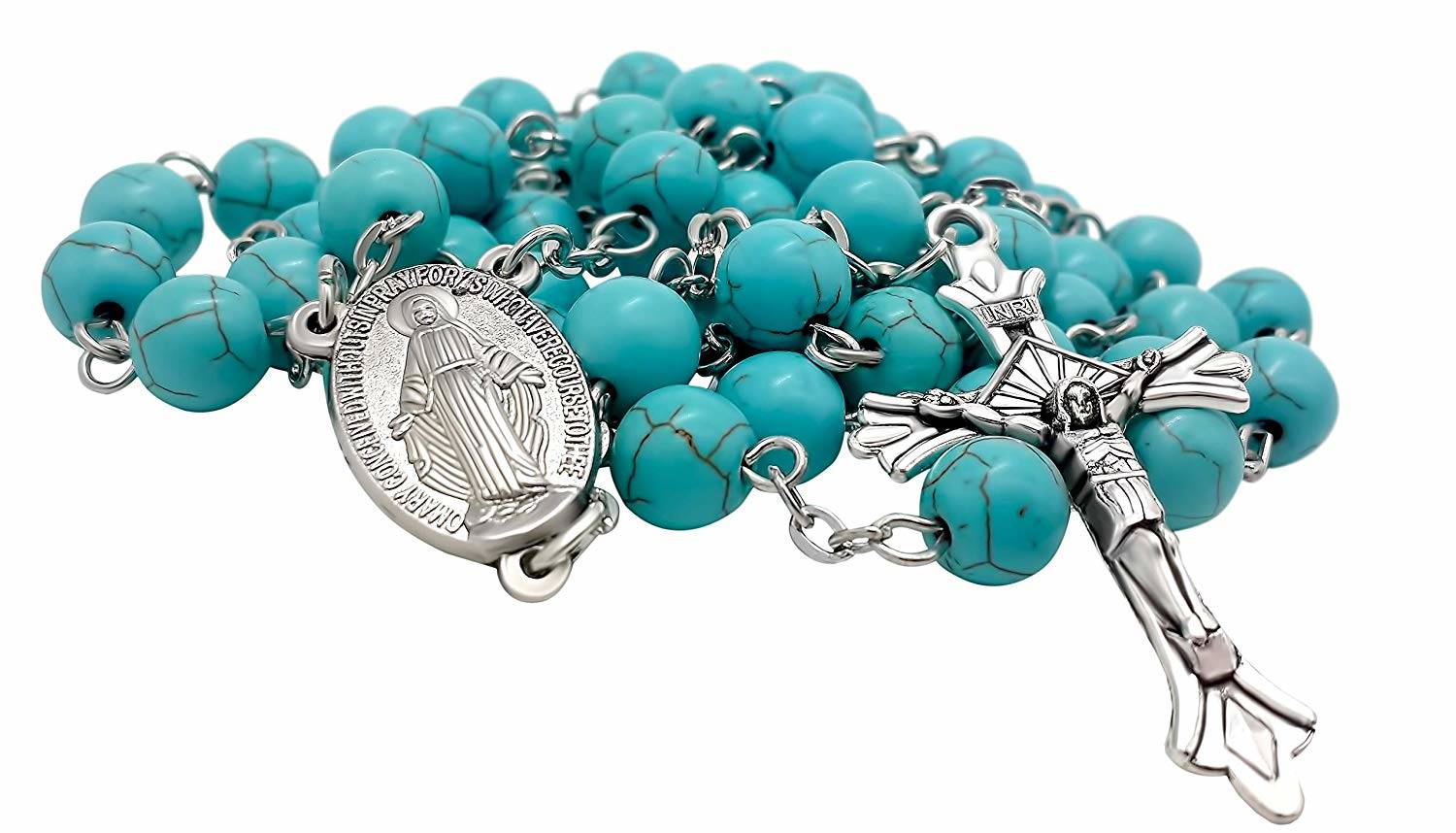 Velvet Bag Nazareth Store Catholic Turquoise Marble Glass Beads Rosary Necklace Miraculous Medal /& Cross
