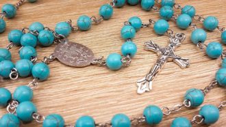 Velvet Bag Nazareth Store Catholic Turquoise Marble Glass Beads Rosary Necklace Miraculous Medal /& Cross